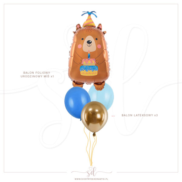 Balony BUKIET Miś z tortem niebieski